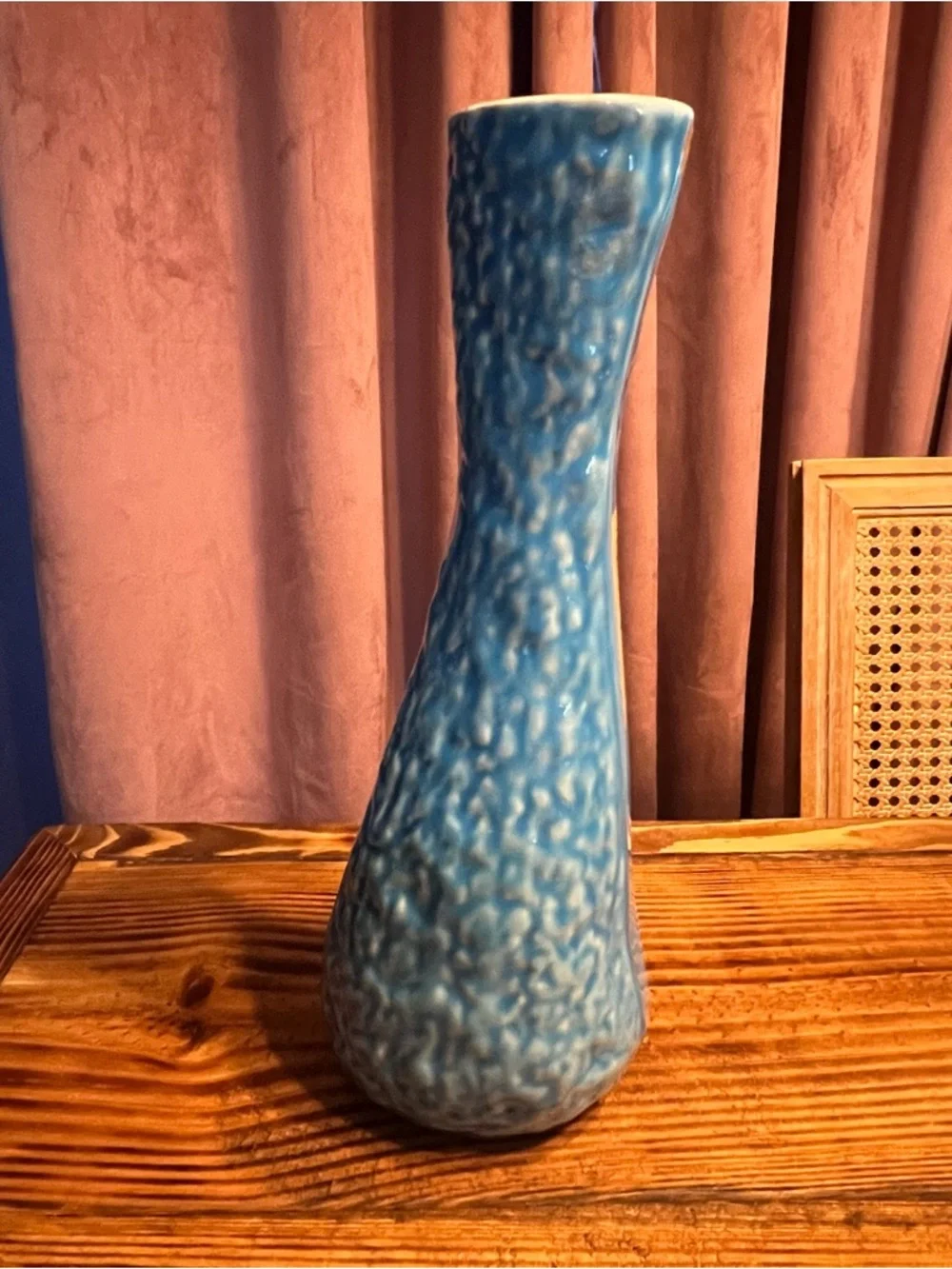 Handmade Studio Art Pottery Vase Blue Drip Glaze Textured Ceramic 14 Inch Tall
